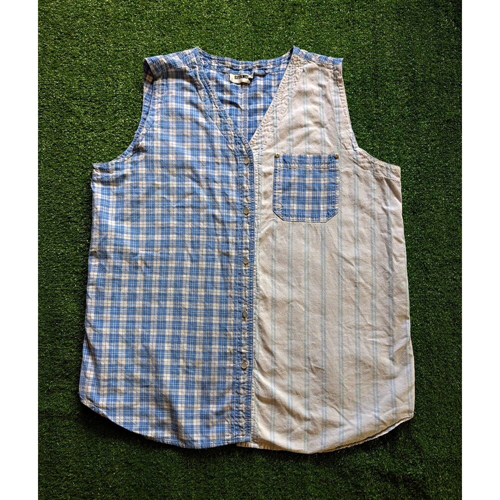 VTG Gitano 90s M Plaid Sleeveless Cotton Button Up Shirt Blue White Colorblock